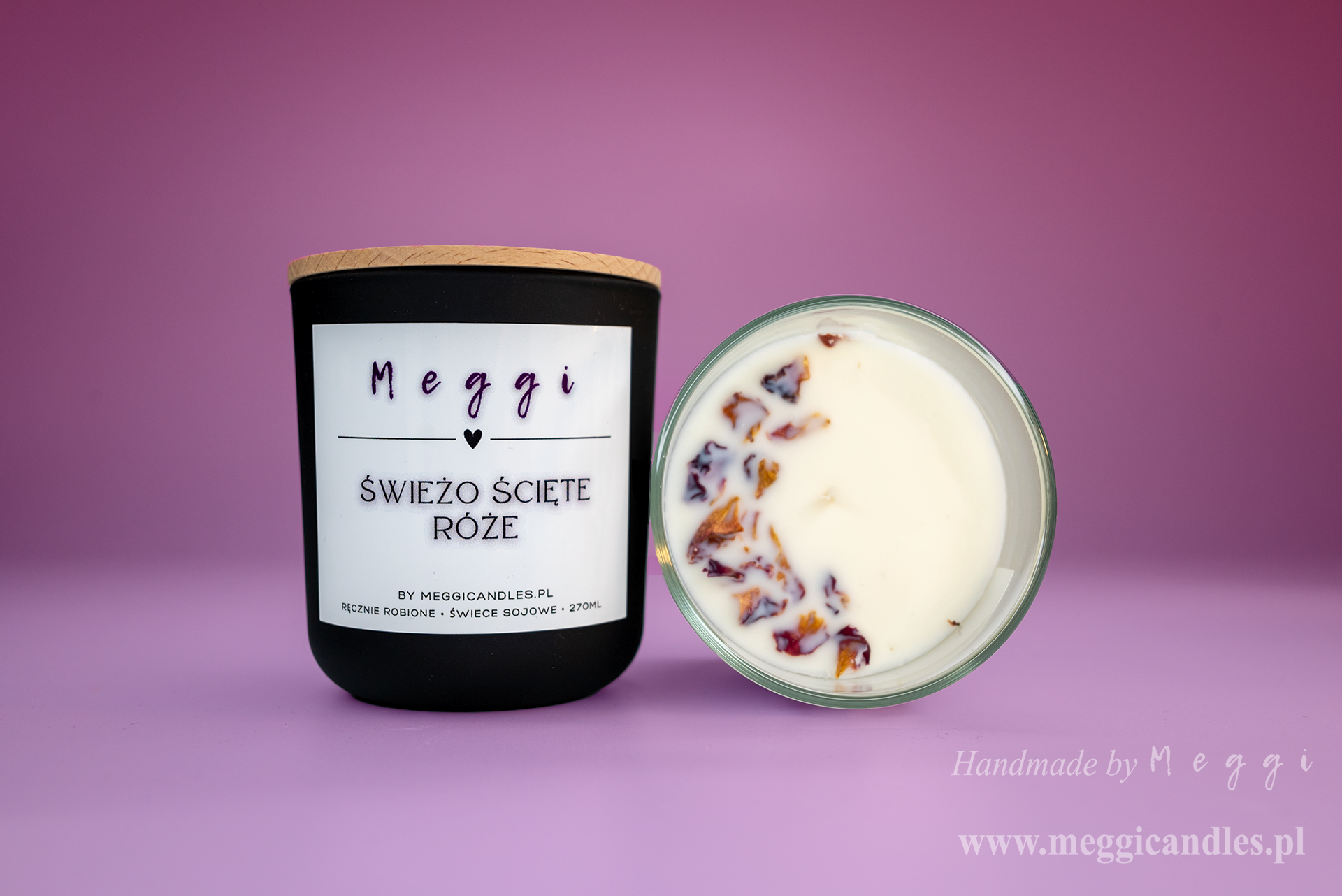 Świeca zapachowa z wosku sojowego firmy Meggi o zapachu świeżo ściętych róż